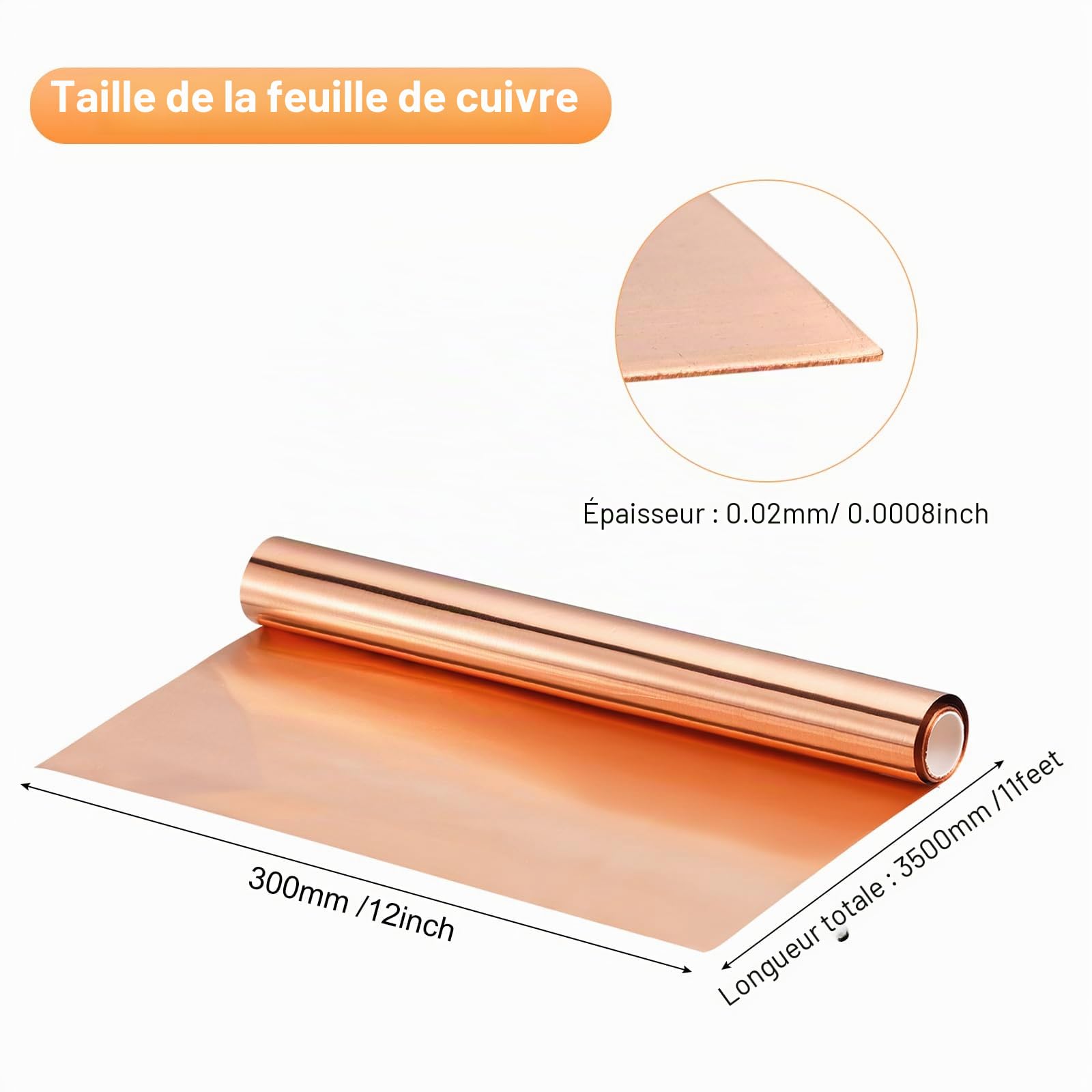 QUARKZMAN Cuivre Feuille Rouleau 3500mm x 300mm x 0.02mm, 99,9% pure Cuivre Bande Cuivre Clignotant Métal Feuille Plaque pour Électricité DIY Projets (Plusieurs Tailles)