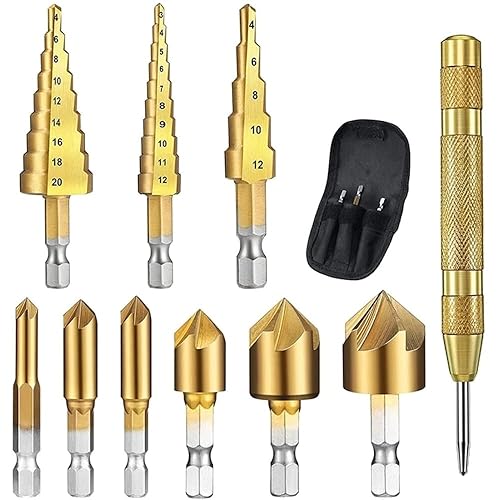 Step Drill Bit 10pcs Step Drill Bit Set 14 Inch Hex Shank 5 Flute Countersink Drill Bit Set Automatic Center Punch