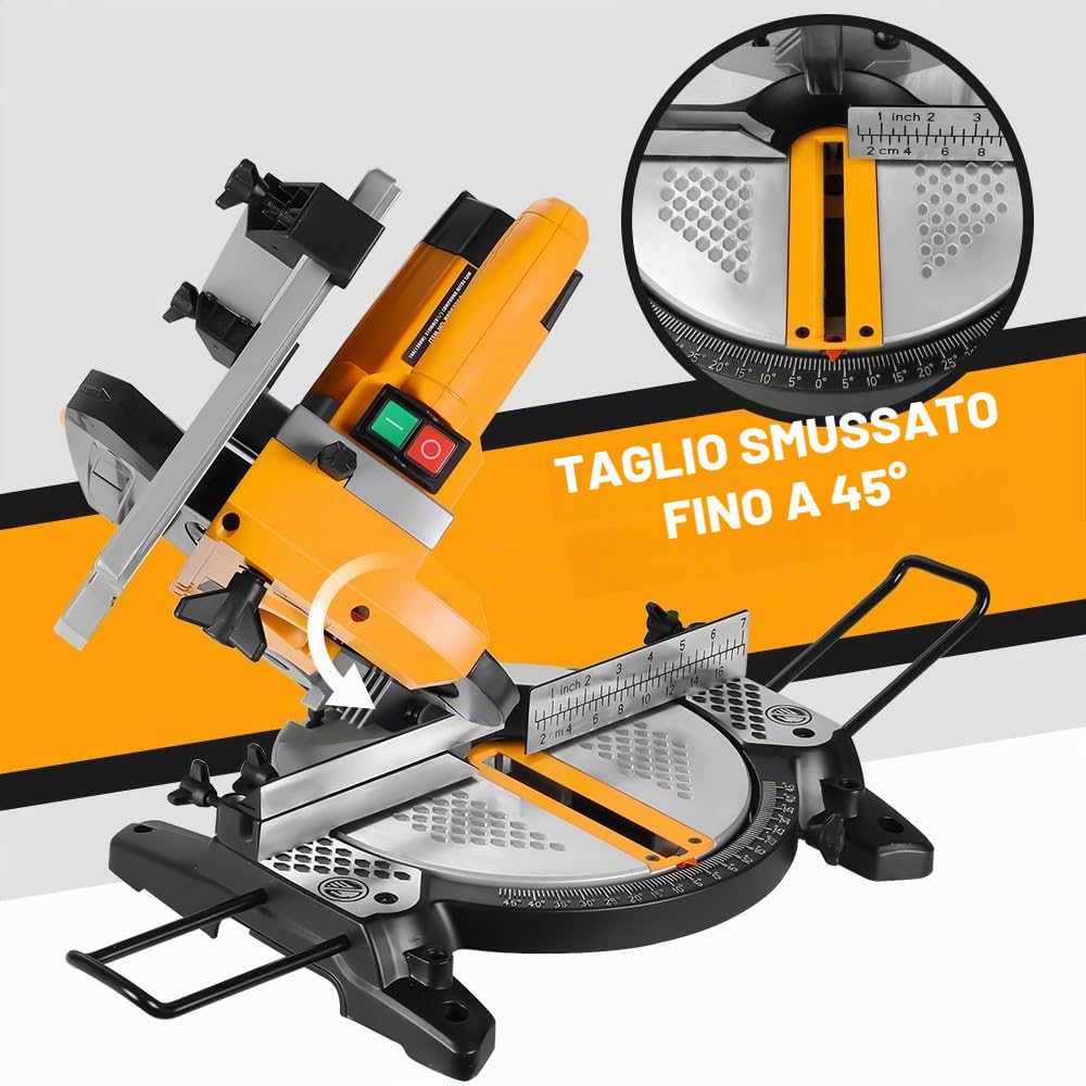 Hoteche Sega da tavolo multifunzione da 210 mm, 1200 W, 4500 giri/min, motore in rame, sega circolare da tavolo con lama per sega TCT 210 x 30 mm 24T per tagli precisi 0° 45° con accessori e barre di