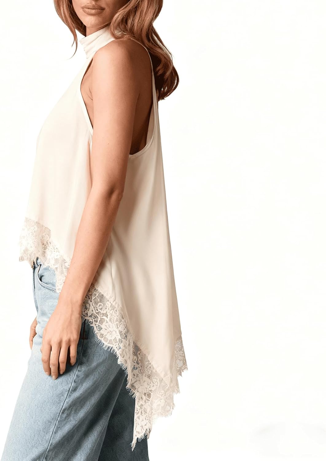 Women Y2k Mock Neck Halter Top Satin Lace Asymmetrical Hem Tank Tops Sleeveless Elegant Going Out Crop Top - Image 4