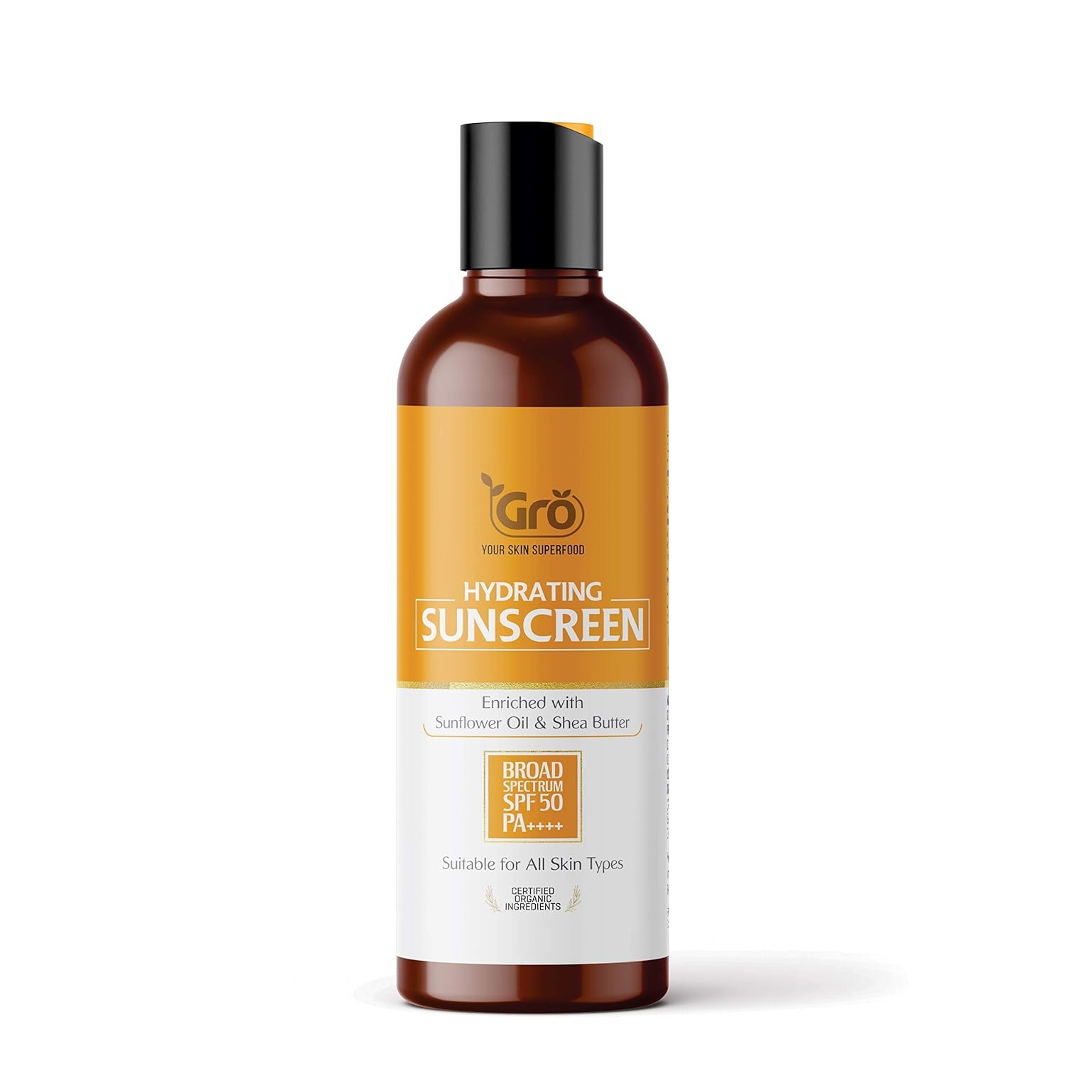GRO Hydrating Sunscreen, Broad Spectrum SPF 50 PA++++, with Sunflower Oil and Shea Butter, for All Skin Types