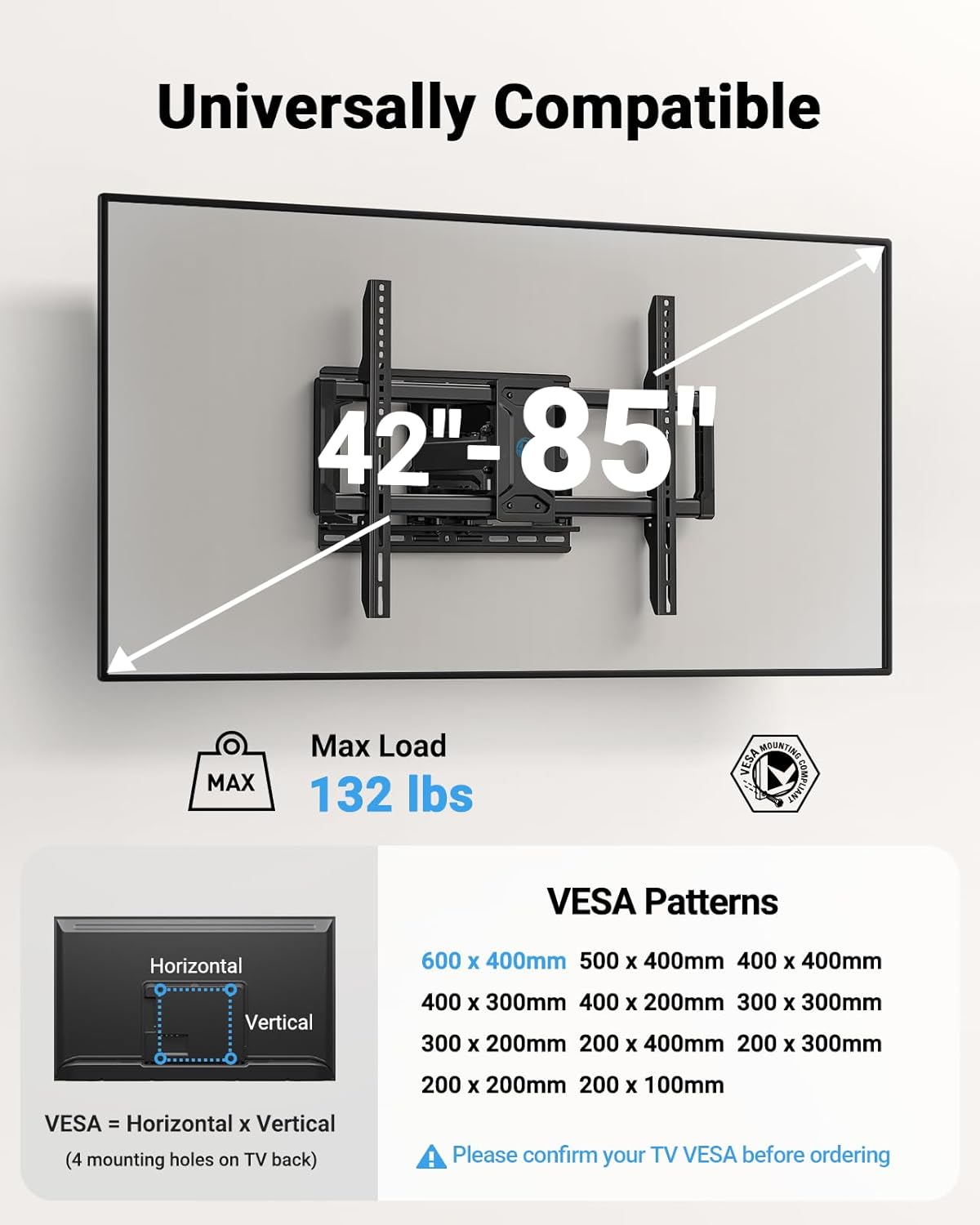 pipishell full motion tv wall mount for 42-85 inch led tvs up to 132lbs, fits 65 75 inch swivel tv mount bracket with articulating arms, max vesa 600x400mm, fits 12” 16" wood studs fits 42-85" tvs / max 16" wood stud