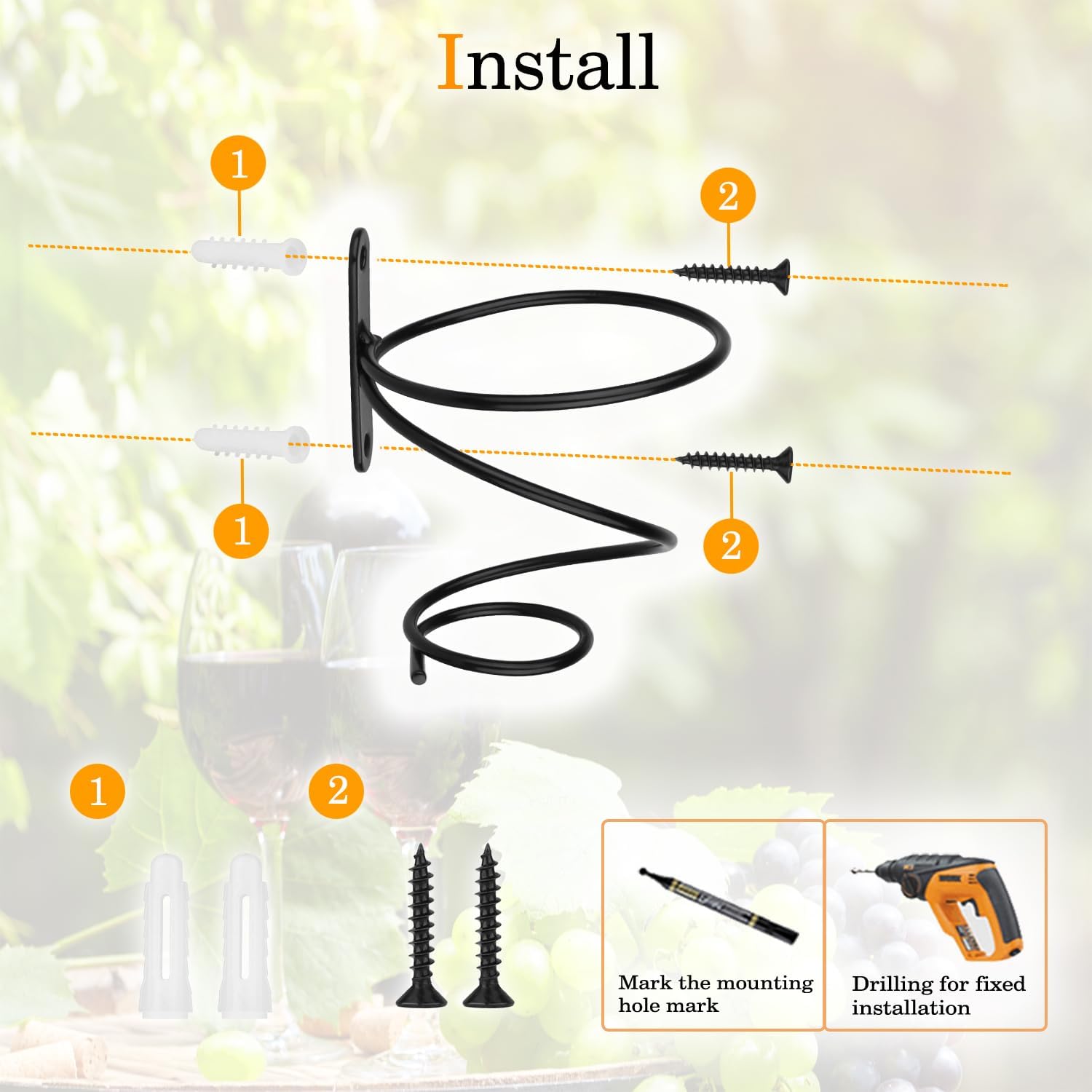 6 Pcs Spiral Wine Wall Holder, Wall Mounted Wine Rack, Metal Wine Bottle Display Holder for Wine Storage Wall Wine Theme Decor (Downward Style) Black