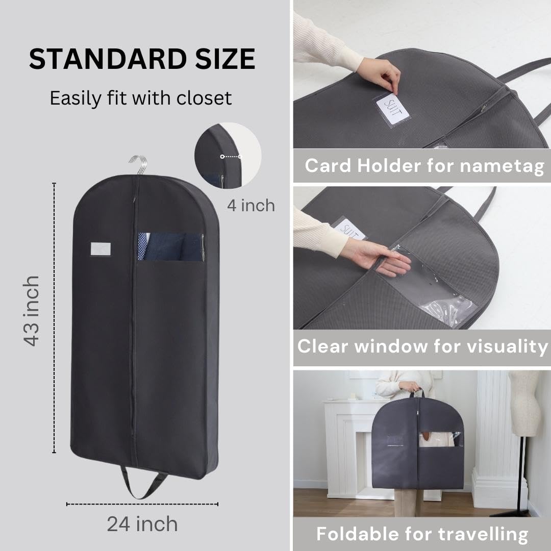 Bolsas de ropa de 43 pulgadas para colgar ropa, bolsas de traje para hombres de viaje con coche, bolsas de ropa para almacenamiento con asa, ventana transparente y etiqueta de nombre