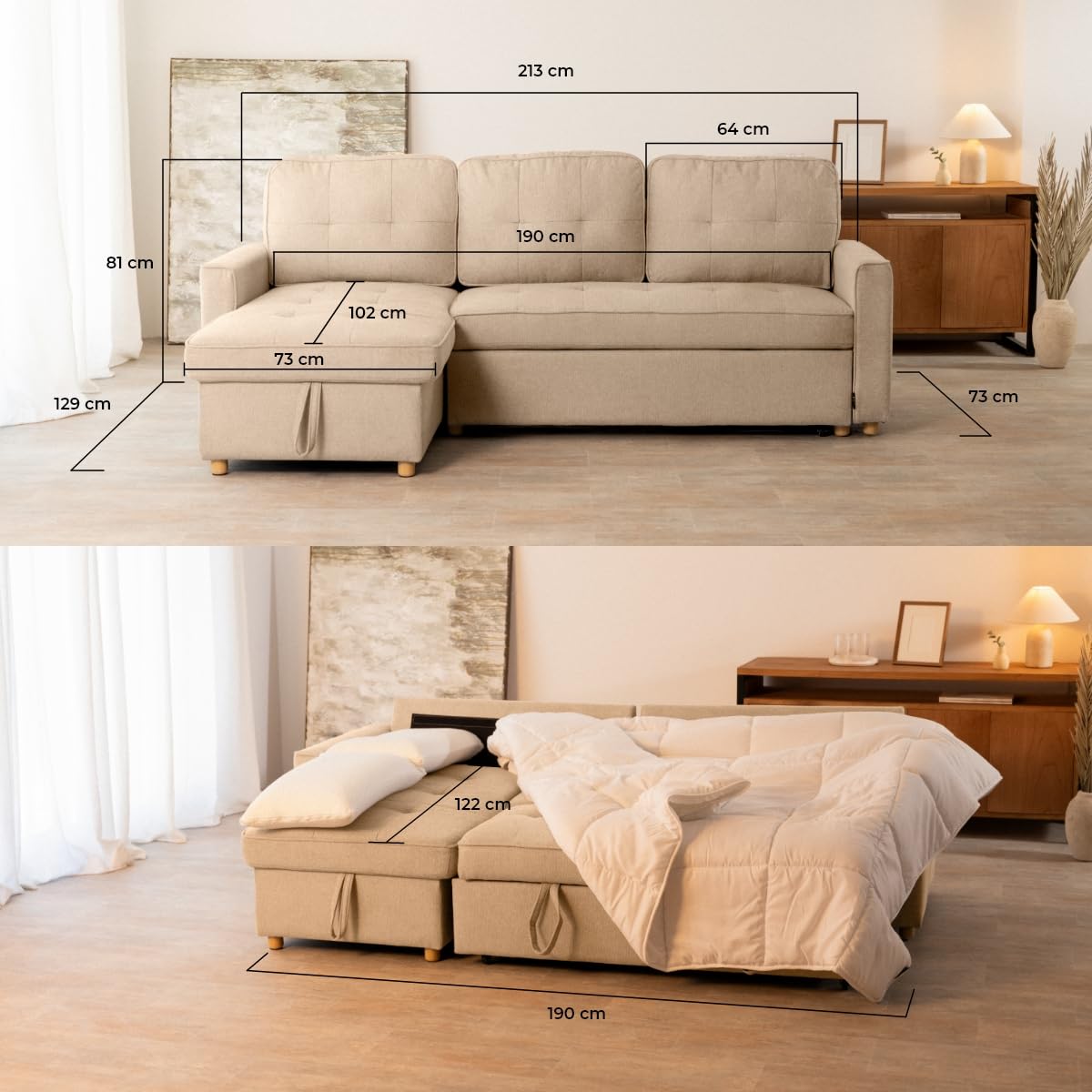 Nalui - Sofa Cama Chaise Longue Haven 213x129x81cm Reversible con Arcón de 127,6L. Sofa de Salon 3 Plazas Convertible en Cama de 122 x 190 cm. Incluye Bolsillos y Tejido 360º, Beige