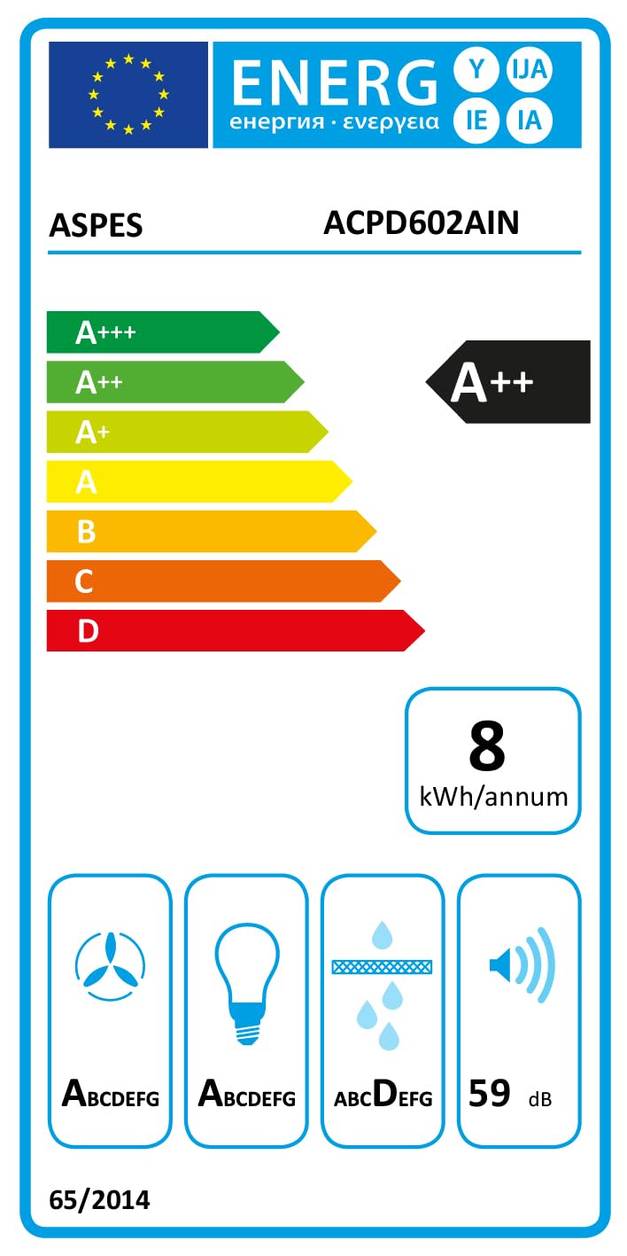 Aspes Cappa aspirante inclinata 60 cm vetro nero ACPD602AIN. Potenza 41,5 m3/h, doppio tiro, 3 velocità, controllo tattile, filtro lavabile in lavastoviglie.