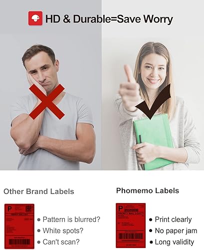 Miniatura 7 de Phomemo 4x6 Thermal Label Printer Paper - 500 PCS Red 4"x6" Fan-Fold Labels Shipping Supplies Labels - WaterOilproof Label Stickers - Permanent