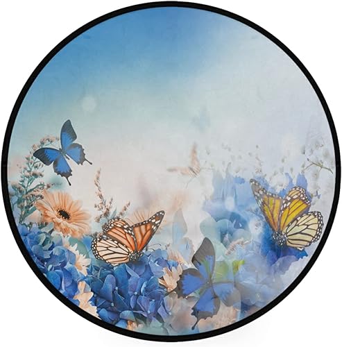 Miniatura 2 de Alfombra circular circular de flores de mariposa azul de 3 pies, alfombra circular suave y antideslizante para sala de estar, comedor, decoración de