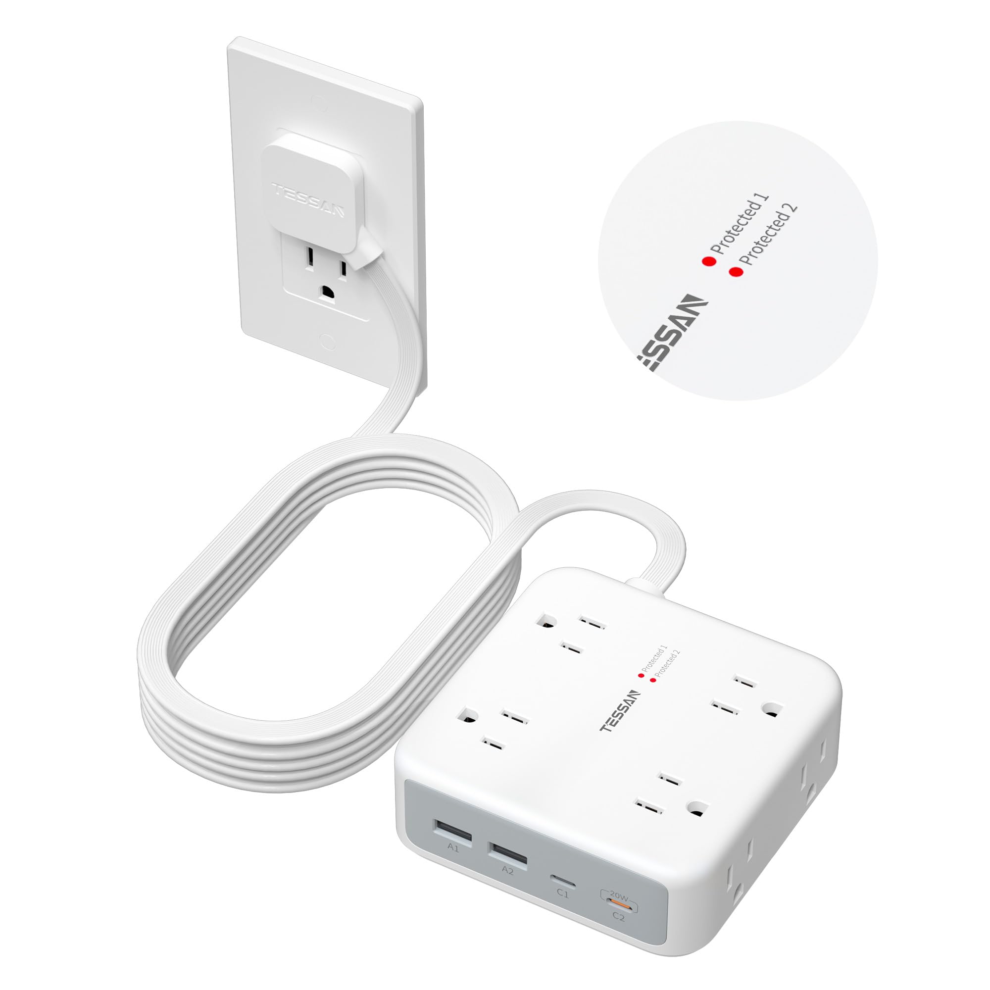 TESSAN 10 Ft Surge Protector Power Strip, 4 USB(2 USB C) 8 Outlets, Flat Plug Extension Cord with Multiple Outlets, 2100J Protection, 20W Desk