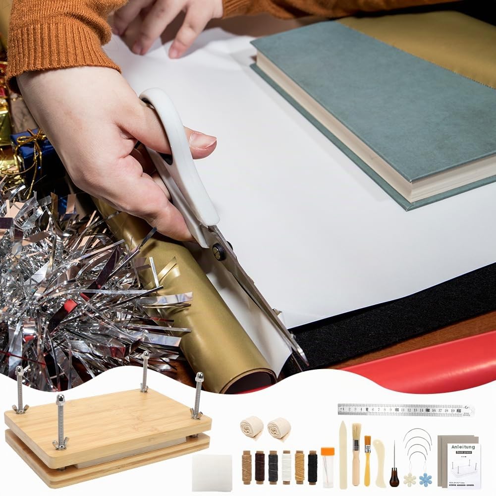 RANJIMA Buchbindesets teiliges, Buchpresse aus Holz Buchbinder Set Buch Binde Kit für Buchreparaturtuch Buchbinderleinen Buchbindebedarf Hand Buch Binde Werkzeuge Falzbeine zum Reparieren Alter Bücher
