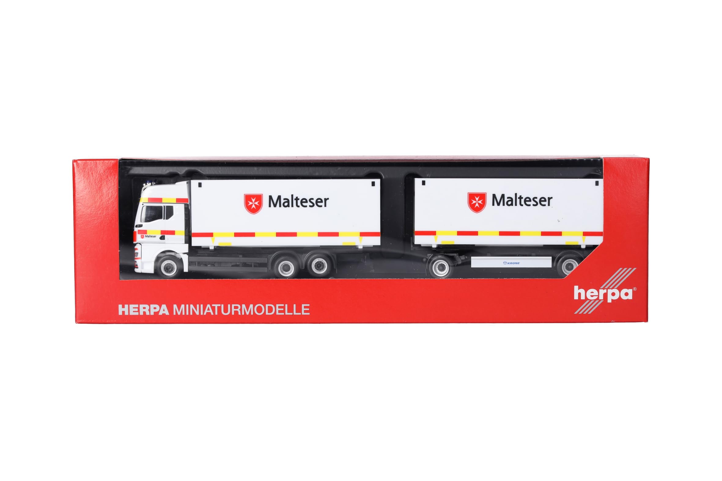 Herpa LKW Modell MAN TGX GX Wechselkoffer-Hängerzug Malteser/Bad Reichenhall, Miniatur im Maßstab 1:87, Sammlerstück, Made in Germany, Kunststoff