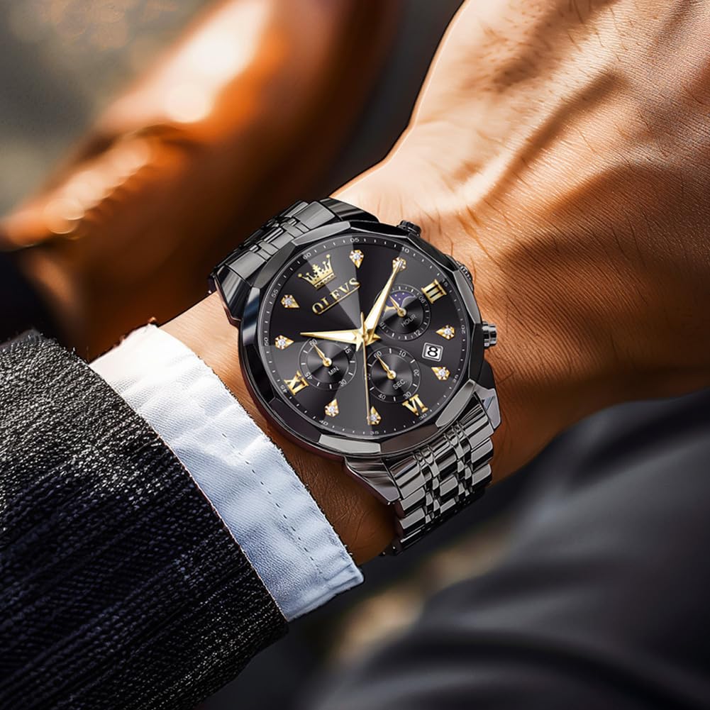 OLEVS Herrenuhr Edelstahl Diamant Formale Luxusuhr Leuchtend Wasserdicht Analog Quarzuhr Männer Geschenk