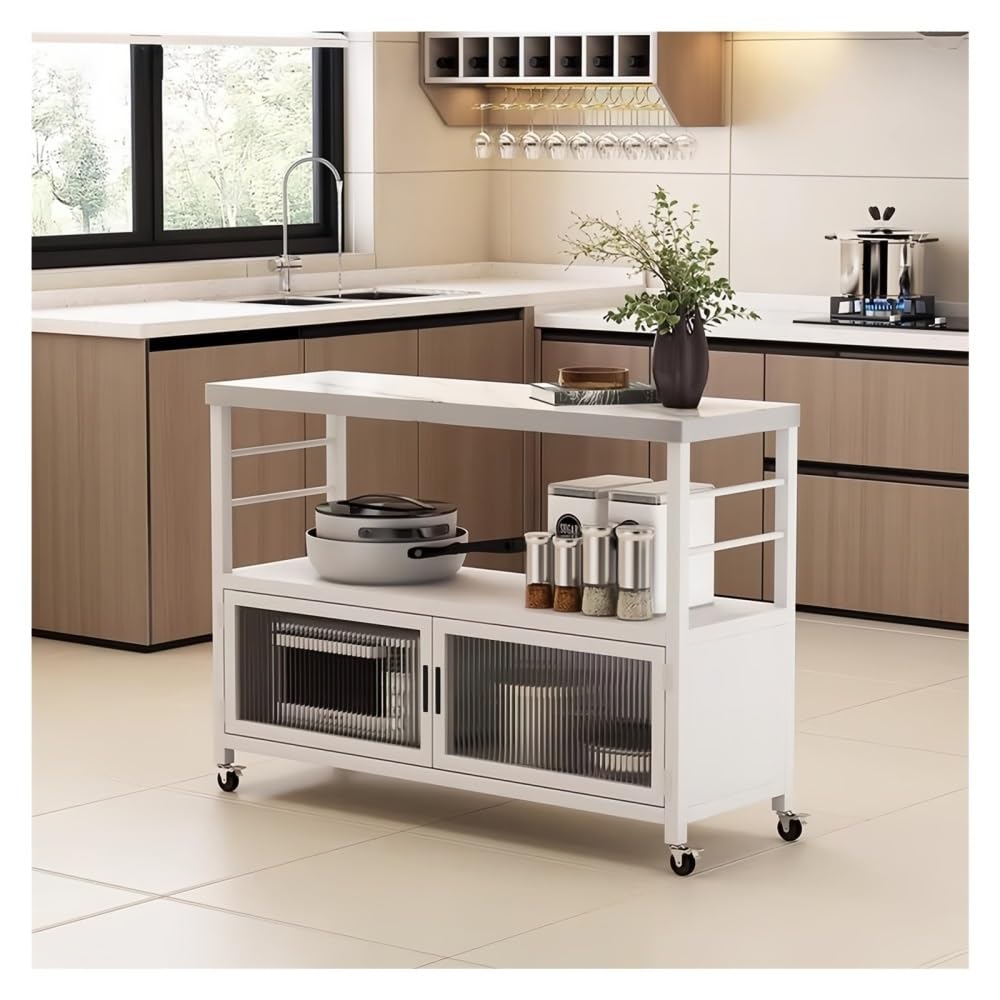 Carrello da cucina Piano in pietra sinterizzata Cucina isola scorrevole Ante in vetro scanalato Ruote con serratura(Black,L)