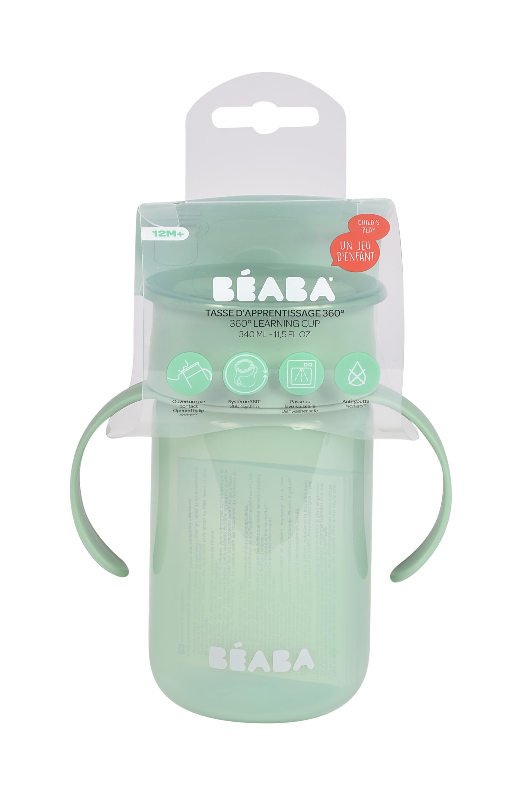 BÉABA, Tasse d'Apprentissage 360° avec Disque Anti-Goutte, Système Breveté Anti-Fuite, à partir de 12 Mois, Anses Amovibles, avec Couvercle hygiénique, Solide et Légère, 340 ml, Vert Sauge