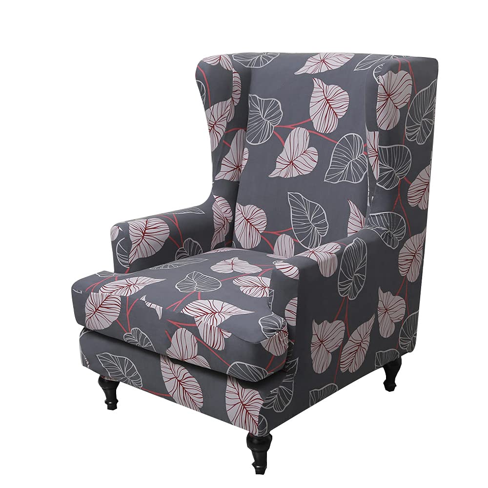 Highdi Gray Leaves Wingback Chair Covers 2-Piece Stretch Wing Armchair Chair Slipcover, Elegant Leaves Washable Spandex Sofa Cover Chairs Furniture Protector For Living Room Bedroom Hotel (Gray Leaves)