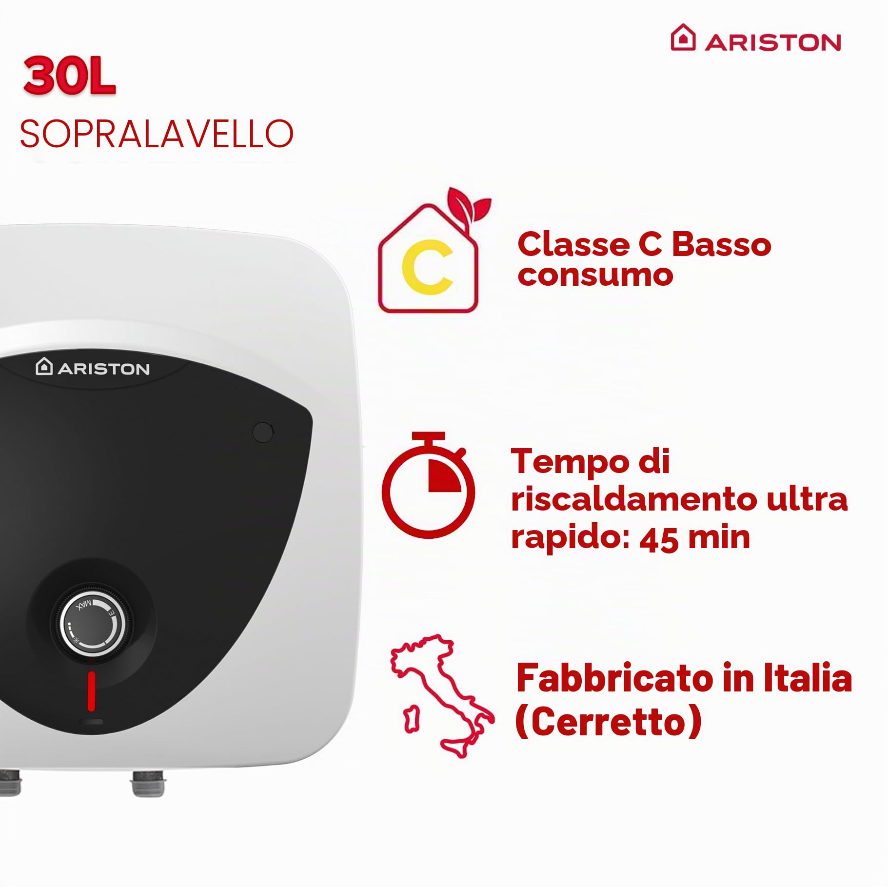 Ariston ANDRIS LUX - Scaldabagno elettrico da 30 litri - Potenza 2000 W - Compatto, facile da usare - Progettato e realizzato per essere installato in Francia