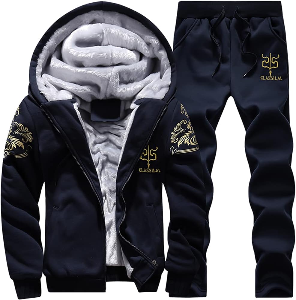 MANTORS Men's Tracksuit Winter Soft Hooded Fleece Sweatsuits Warm Pullover Coats 2 Pieces Outfits Set