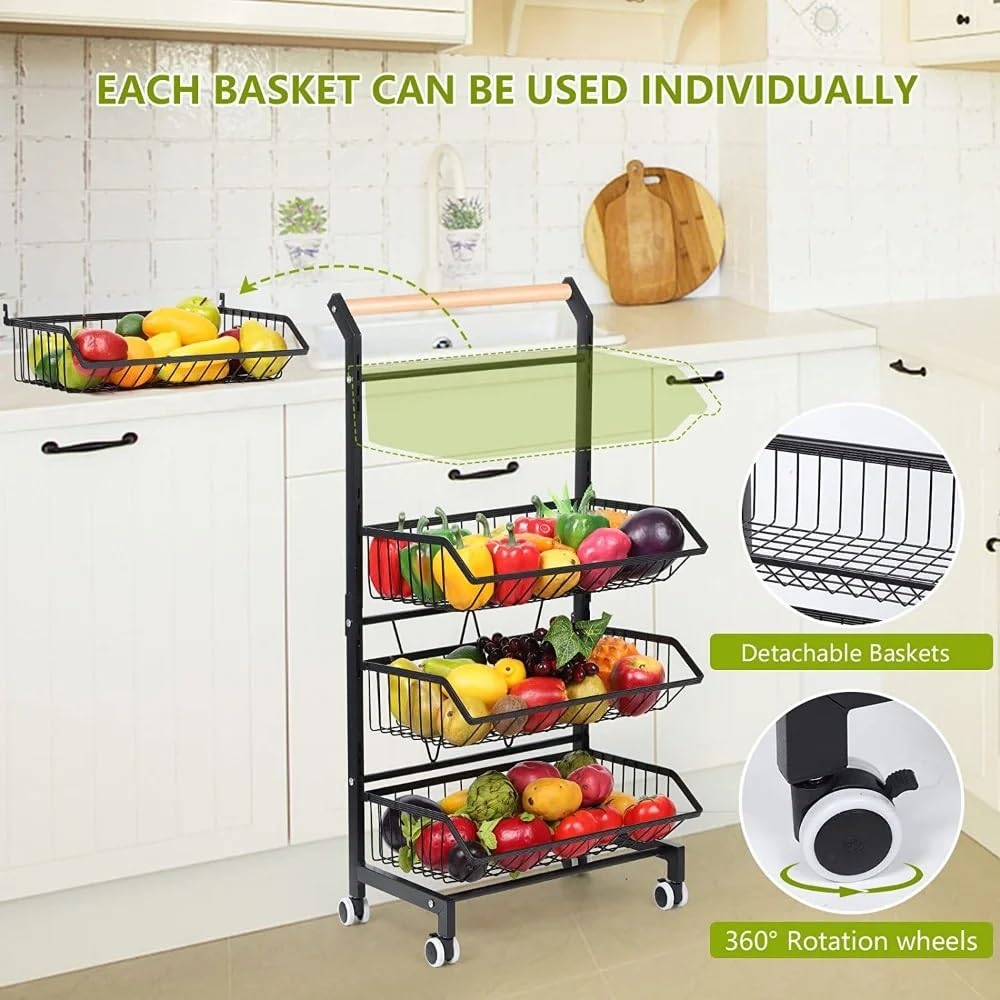 Carrito rodante de 4 niveles para frutas y verduras con asa y ruedas, isla de cocina negra, solución móvil para frutas y verduras, diseño que ahorra espacio