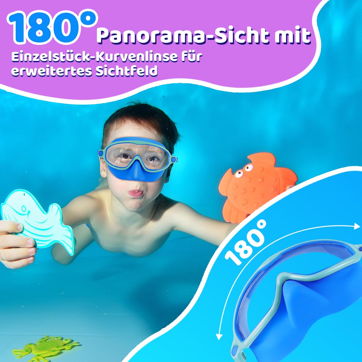 Vvinca Gafas de natación con clip nasal impermeables para niños de 3 a 15 años, juego de 2 unidades, máscara de buceo gran angular, antivaho/protección UV