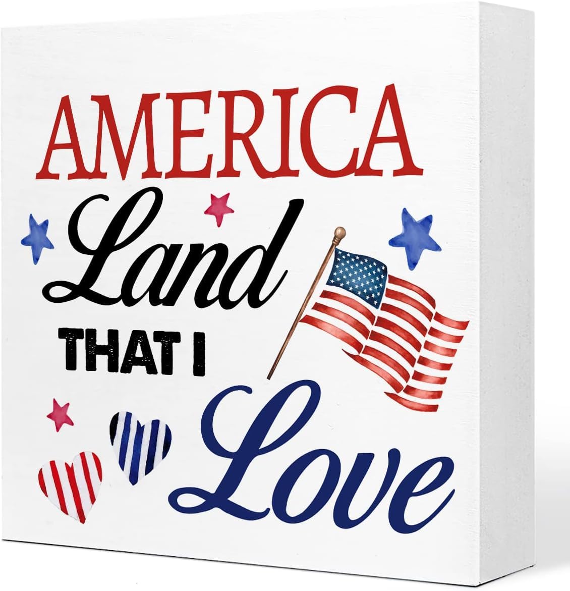 America Land That I Love Box Sign 7x7 Inch Patriotic Wood Decor