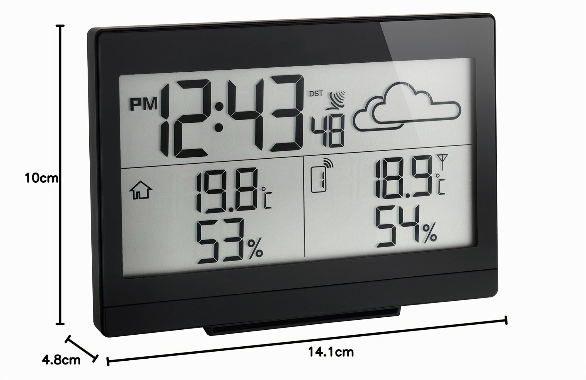 TFA Dostmann Casa Stazione meteo radio previsioni meteo, temperatura esterna, umidità interna, con orologio radio, lunghezza 141 x larghezza 48 x altezza 100 mm, nero