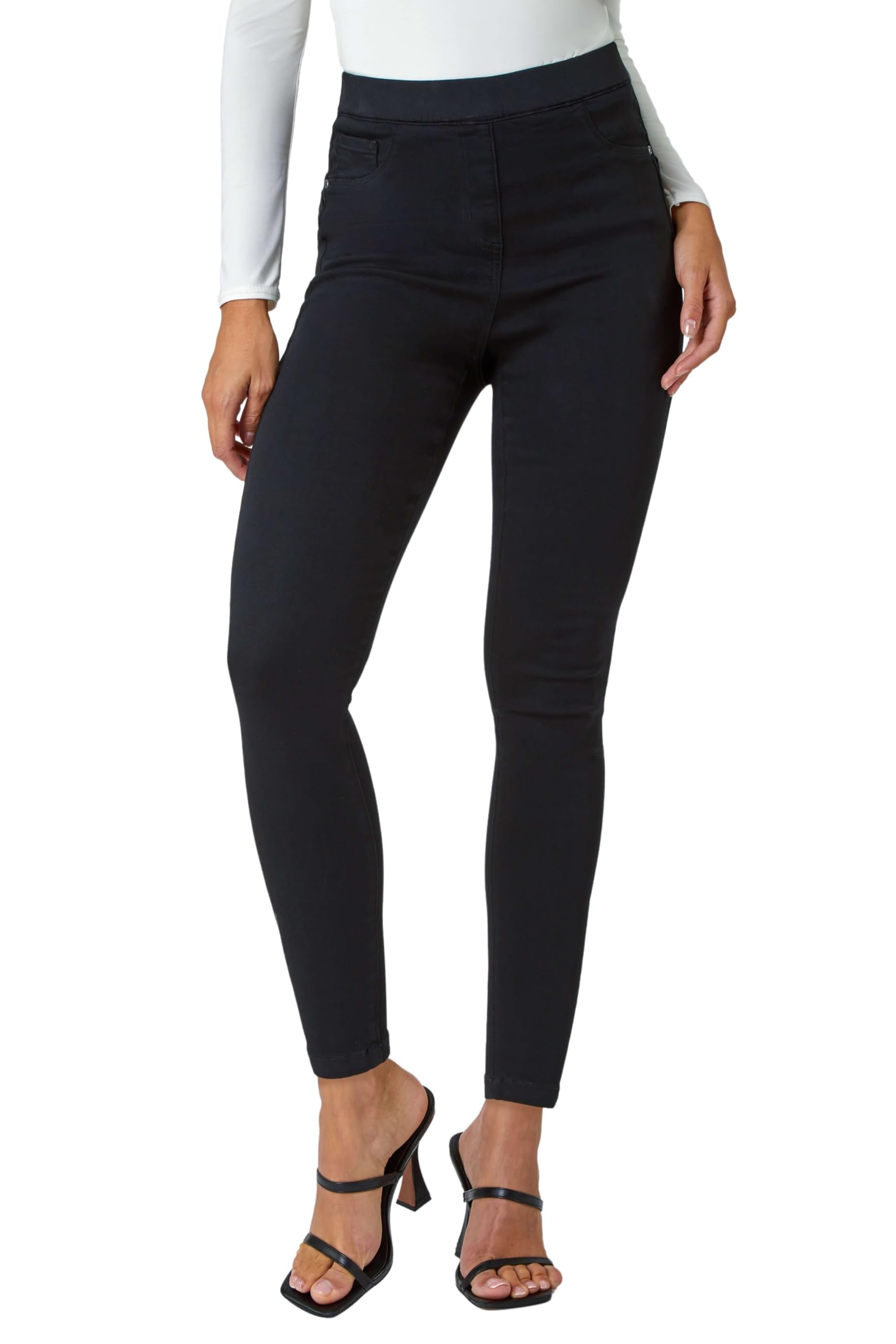 Roman Originals Jeggings for Women UK Jean Ladies Stretchy Trousers Denim Leggings High Waist Rise Pull On Skinny Straight Leg Cotton Pants Smart Casual - Premium Jet Black - Size 10