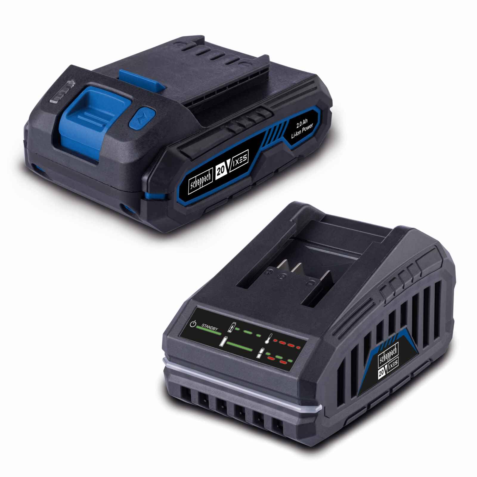 Scheppach 20V 2Ah Battery & 2.4A Charger Starter Kit | IXES Cordless Tools | Fast Charging & LED Display