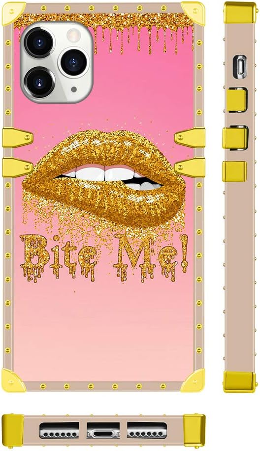 Bonoma iPhone 11 Pro Max Case 6.5 in 2019 with Wallet Card Holder, Glitter Lips Bite Me Square Soft TPU Full Body Shockproof Protective Phone Case - Pink