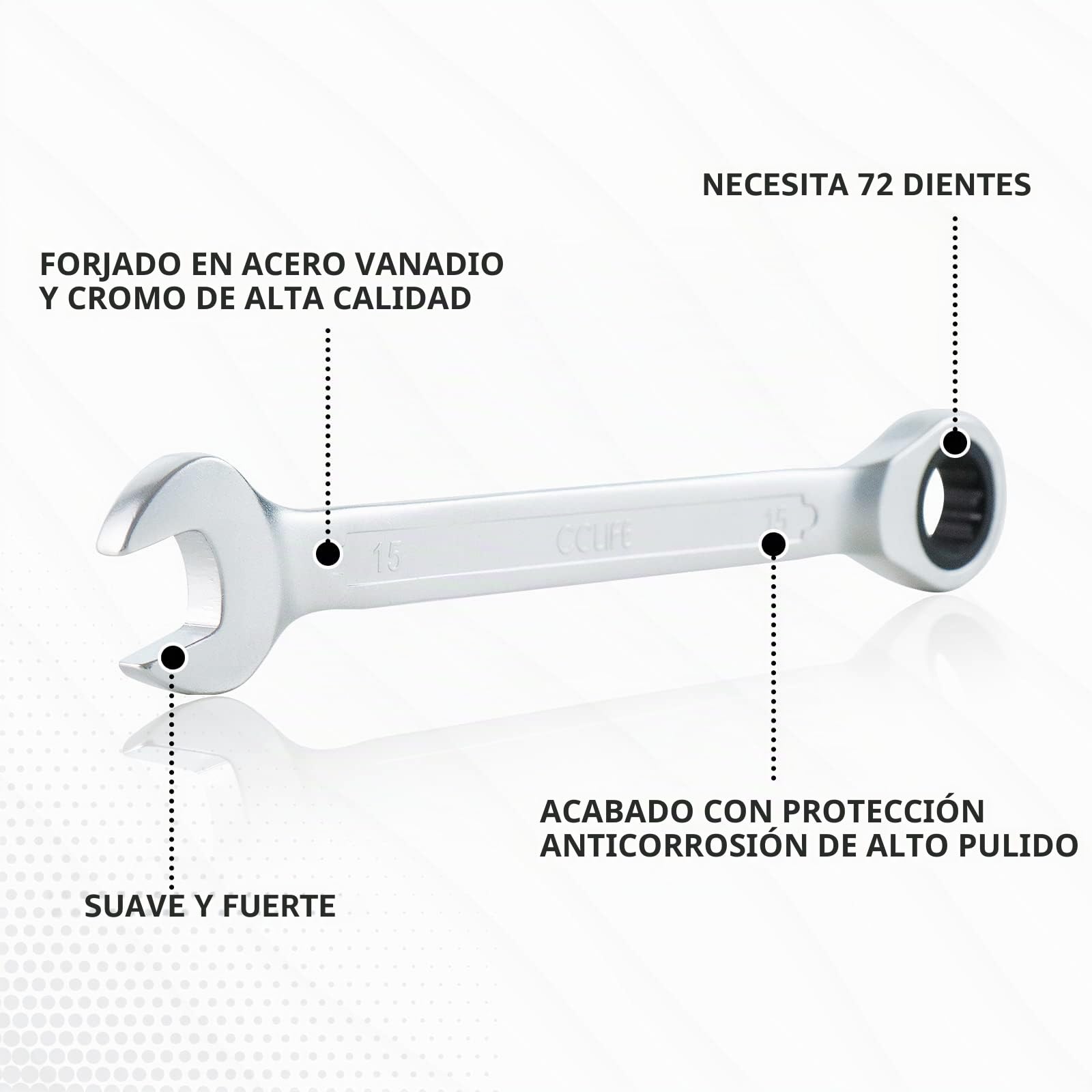 CCLIFE Juego de Llaves Fijas con Carraca combinadas de trinquete, 12 piezas 8-19 mm Cr-V 72 dientes