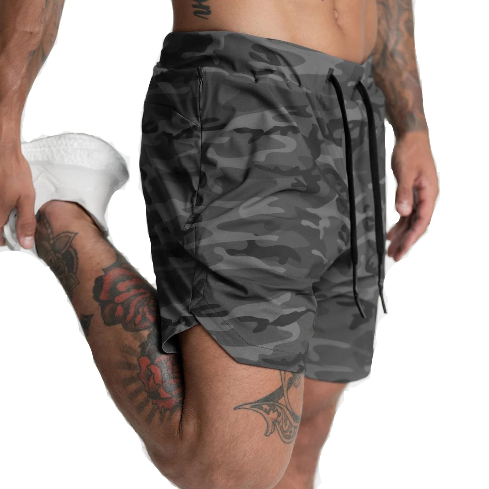 Herren Sport Shorts Kurze Hose Schnell Trocknend Sporthose Schnelltrocknende Laufshorts Gym Trainingsshorts Kurze Schnell Trocknend Reißverschlusstasche, Camouflage Grau