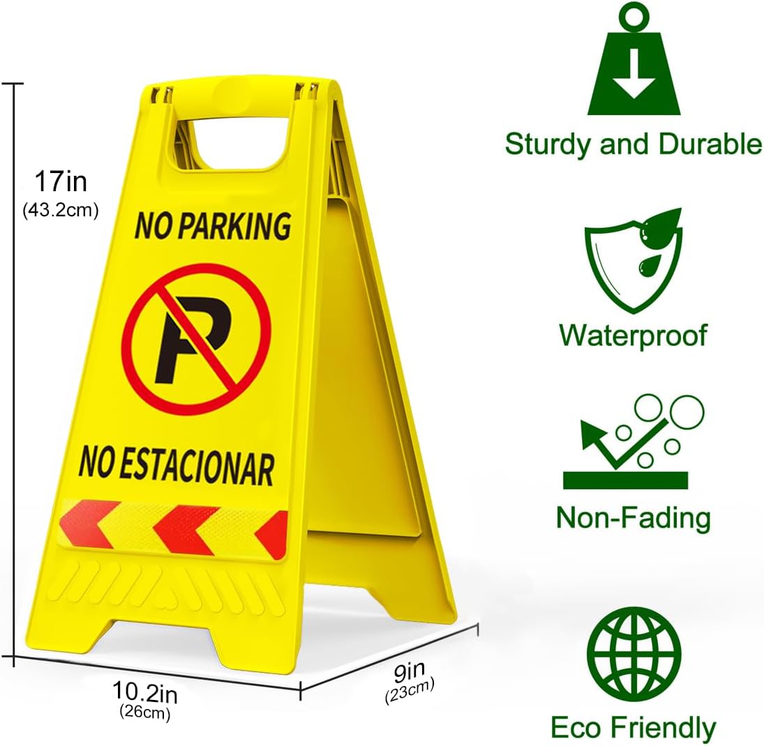 No Parking Signs, 2 Pack No Parking Signs with Reflective Tape, 17.5" Height Double-Sided English & Spanish Text and Graphics Easier to Identify, Portable Folding Bright Yellow Warning Sign for Commercial Use