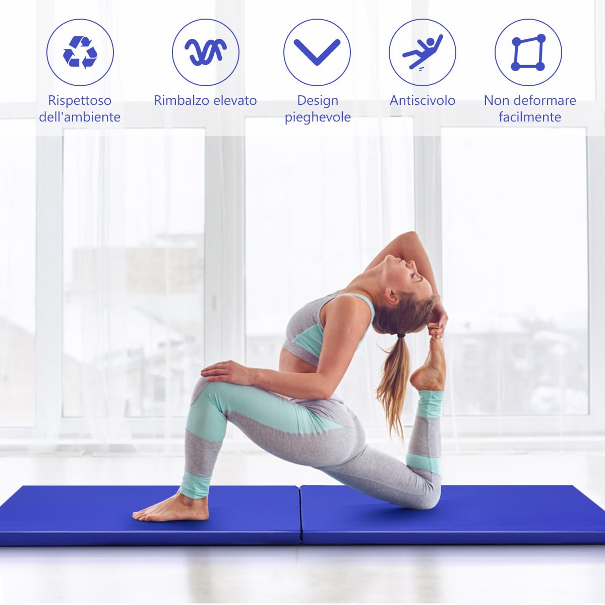 COSTWAY Tappetino Yoga Pieghevole e Portatile, Tappeto Palestra Spesso e Morbido con Maniglie, Tappeto Fitness per Case e Palestra, 180 x 60 x 4 cm