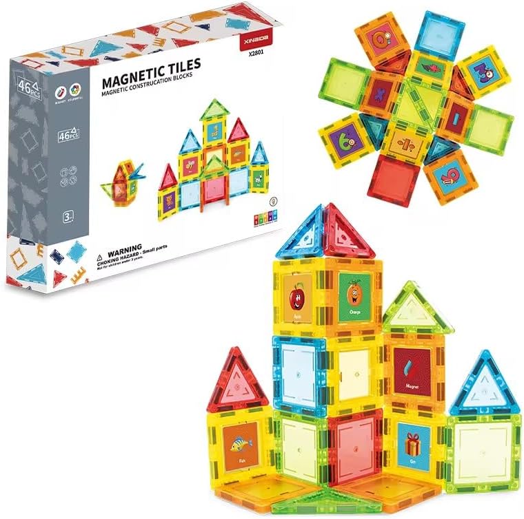 46 PCS Magnetic Tiles Kids stem Building Toy Preschool Learning Blocks Construction Magnet Gift Toddler Aged 3+