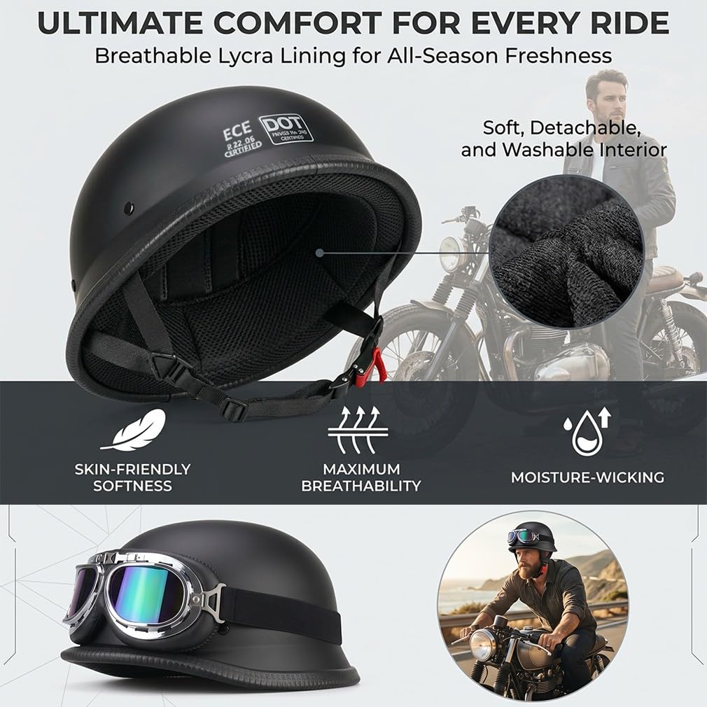 Retro Deutsche Halbhelm Öffnen Motorradhelm Halboffenen Halbschalenhelm ECE Genehmigt Jethelm Offenem Helm Mit Brille Cruiser Chopper Helm Mopedhelme Geeignet Erwachsene MäNner Frauen