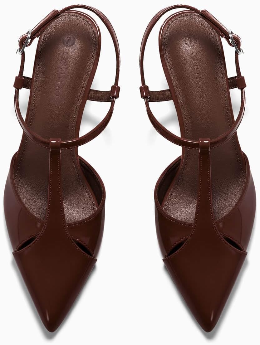 Coutgo Womens Low Kitten Heels Closed Pointed Toe Cutout T-Strap Pumps Wedding Prom Dress Shoes - Image 5