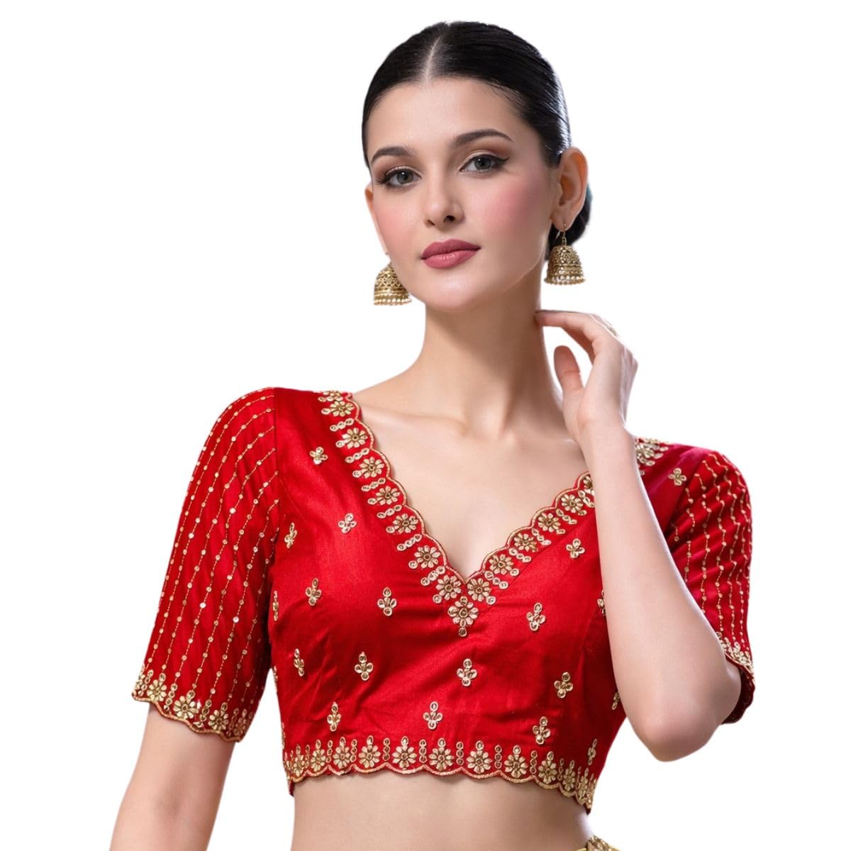 panday cloths Banarasi Silk Readymade Blouse Size 38 with Glitter Sequence Jari Dori Work Back Open Design and Elegant Side Cutwork Pattern for Saree (Only Blouse)-picture-40