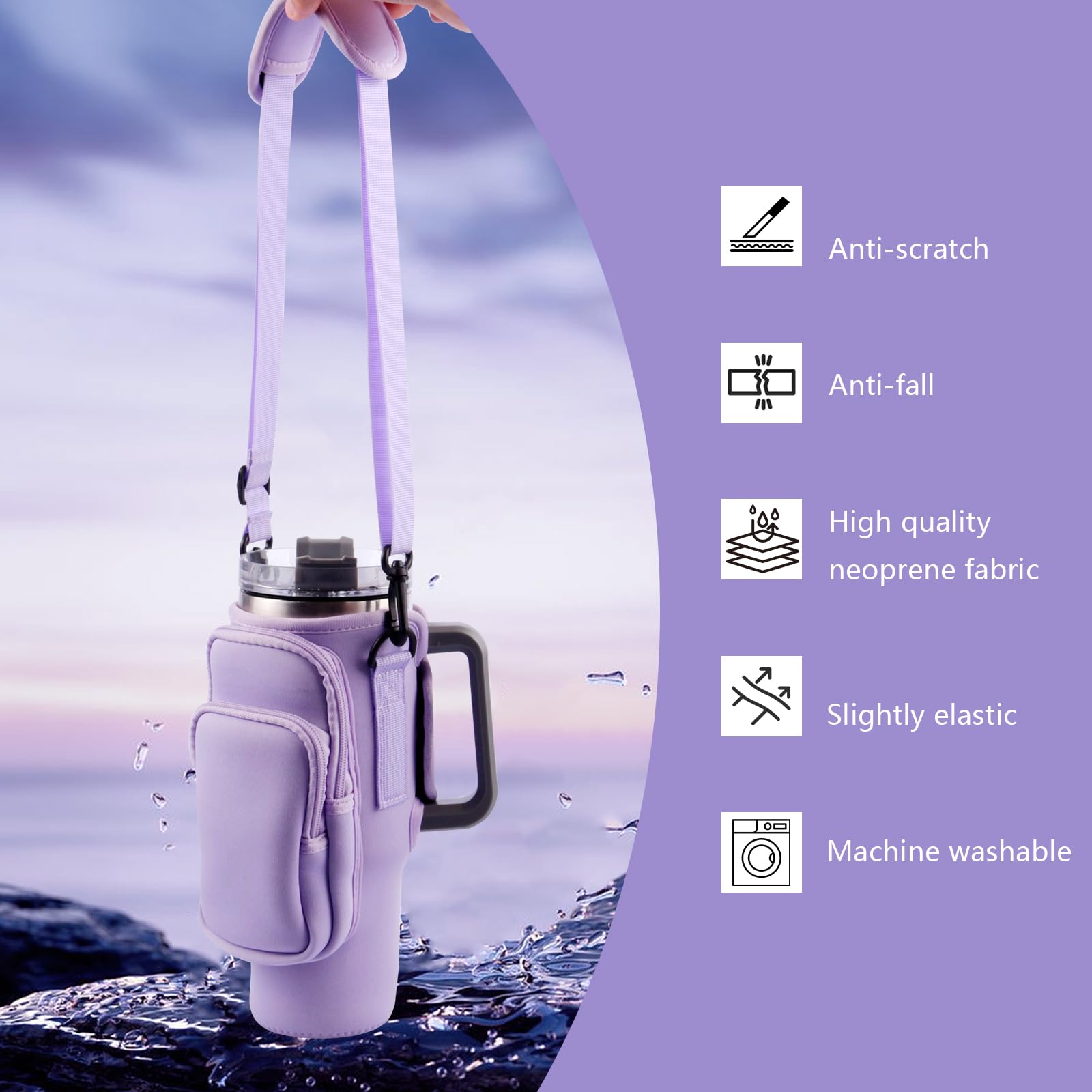Water Bottle Carrier Bag For Stanley Cups - With Phone Pocket & Adjustable Strap, Fits 30oz, Purple - View #3