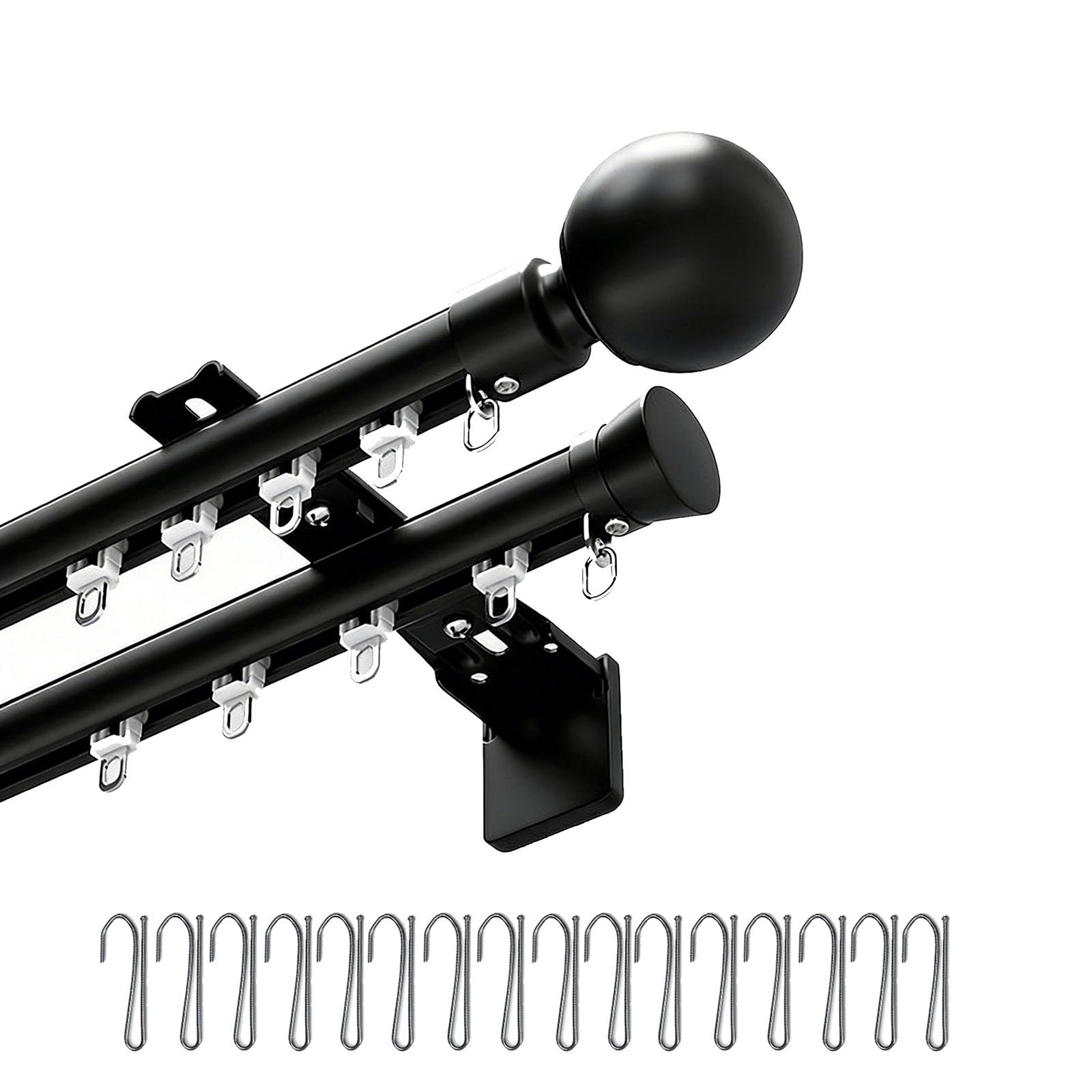 Lpmengs-Eu Black Silent Sliding Double Curtain Tracks - Adjustable 1.6-26.2 Ft Aluminum Rods With Decorative Finials For Room Divider & Window Drapes(,19Ft)