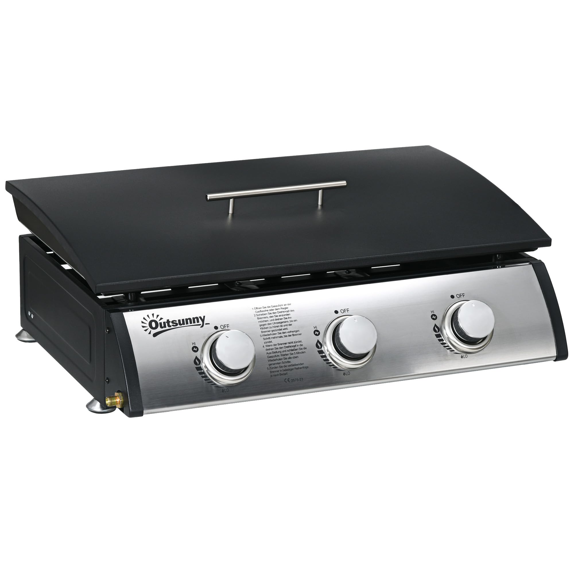 Outsunny Gasgrill mit 3 Brenner 7,5 kW Grillfläche 61 × 35,5 cm tragbarer Tischgrill mit Deckel Tischgasgrill aus Edelstahl BBQ Campinggrill für Garten Balkon Camping Schwarz