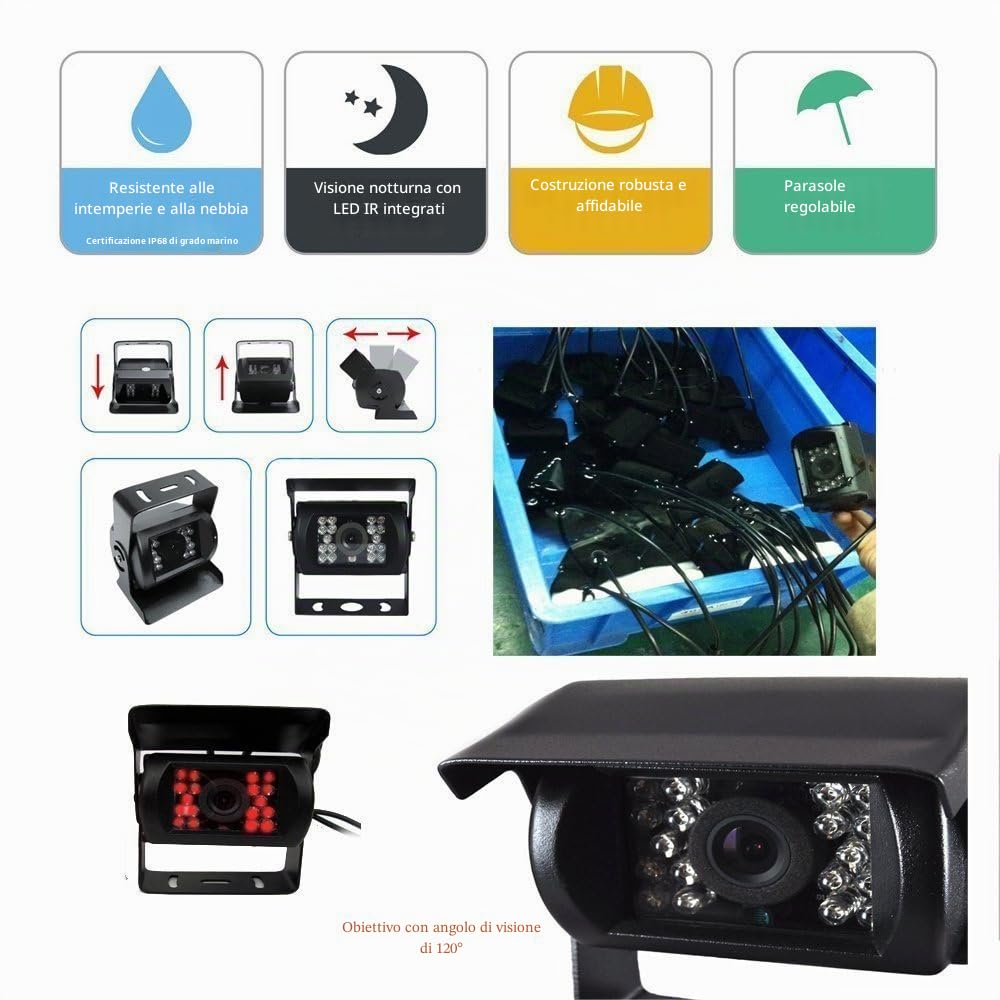 Telecamera Posteriore Camecho 4 pin 18 IR per visione notturna impermeabile Auto Fotografica+ 10 m cavo per Bus/camion/rimorchi/Caravan/camper Retromarcia Fotocamera 12V-24V