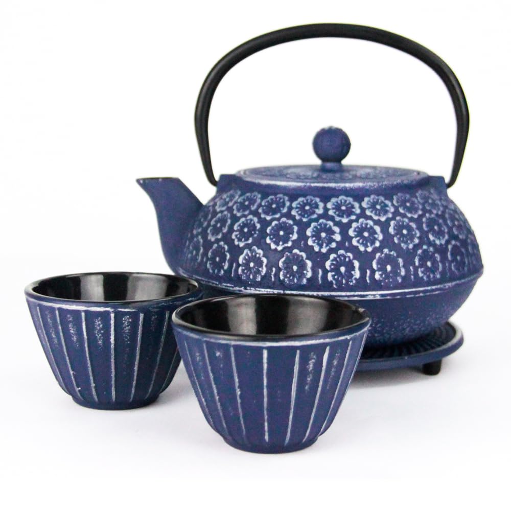 Tealand Durable Blue Cast Iron Teapot Gift Set with Teapot with Loose Leaf Tea Infuser 2 cups and Teapot Triver