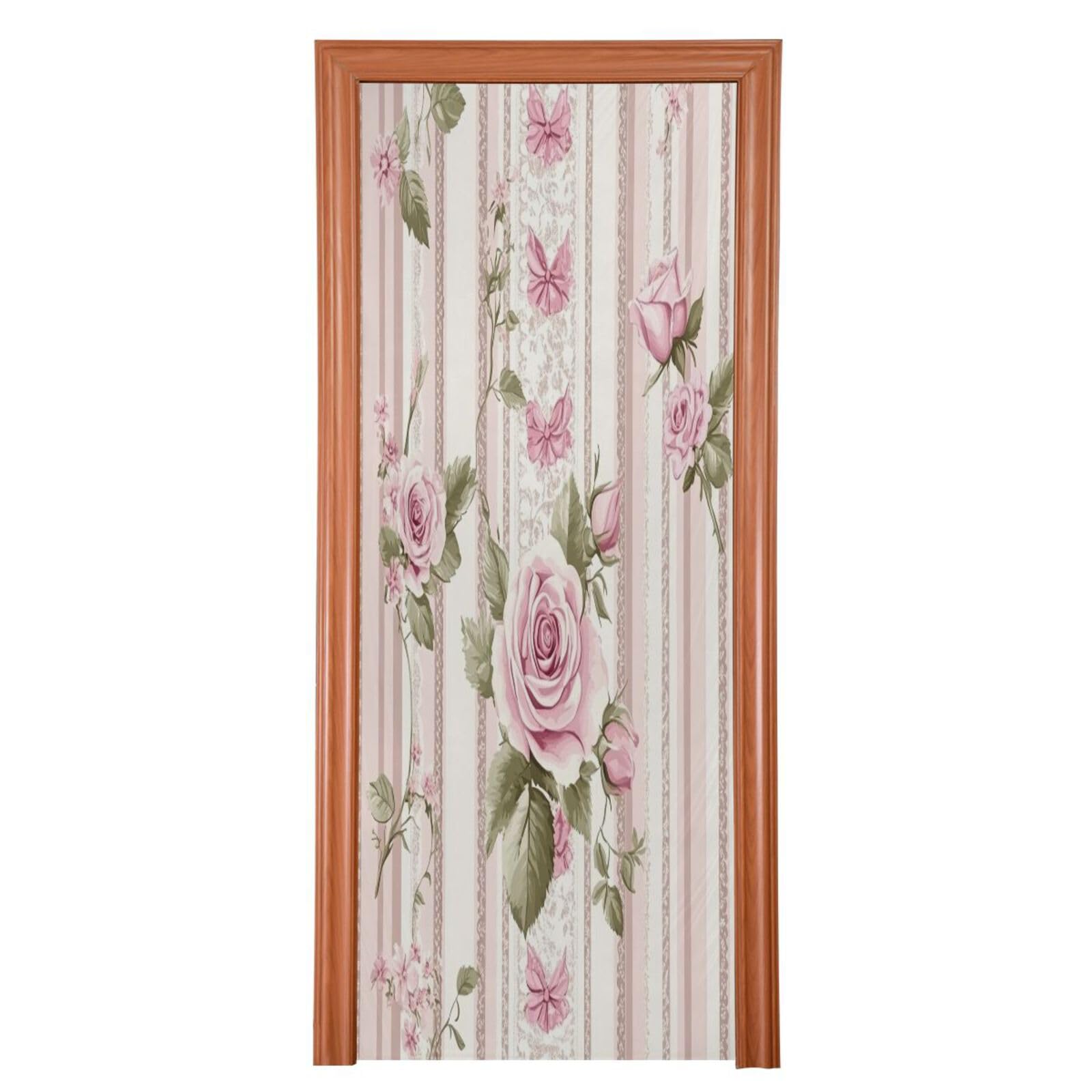 FLildon Ribbon Stripes Roses Pink Door Cover Decoration, Party Accessory Porch Decor for Festive Ornament Room Door Covers 35 x 79 Inch
