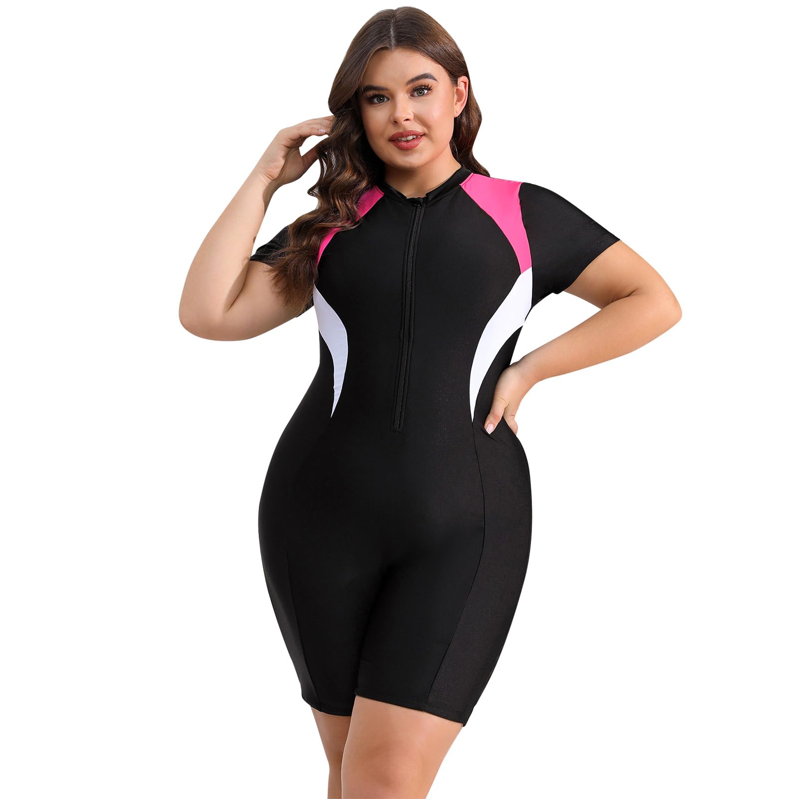 Traje de baño de talla grande para mujer, traje de baño de manga larga con cremallera, protector de erupción de alta elasticidad, traje de baño de una pieza, traje de baño modesto con