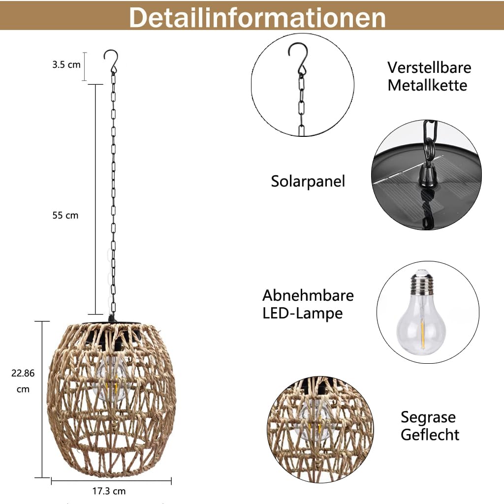 Lampe solaire suspendue d'extérieur en rotin étanche