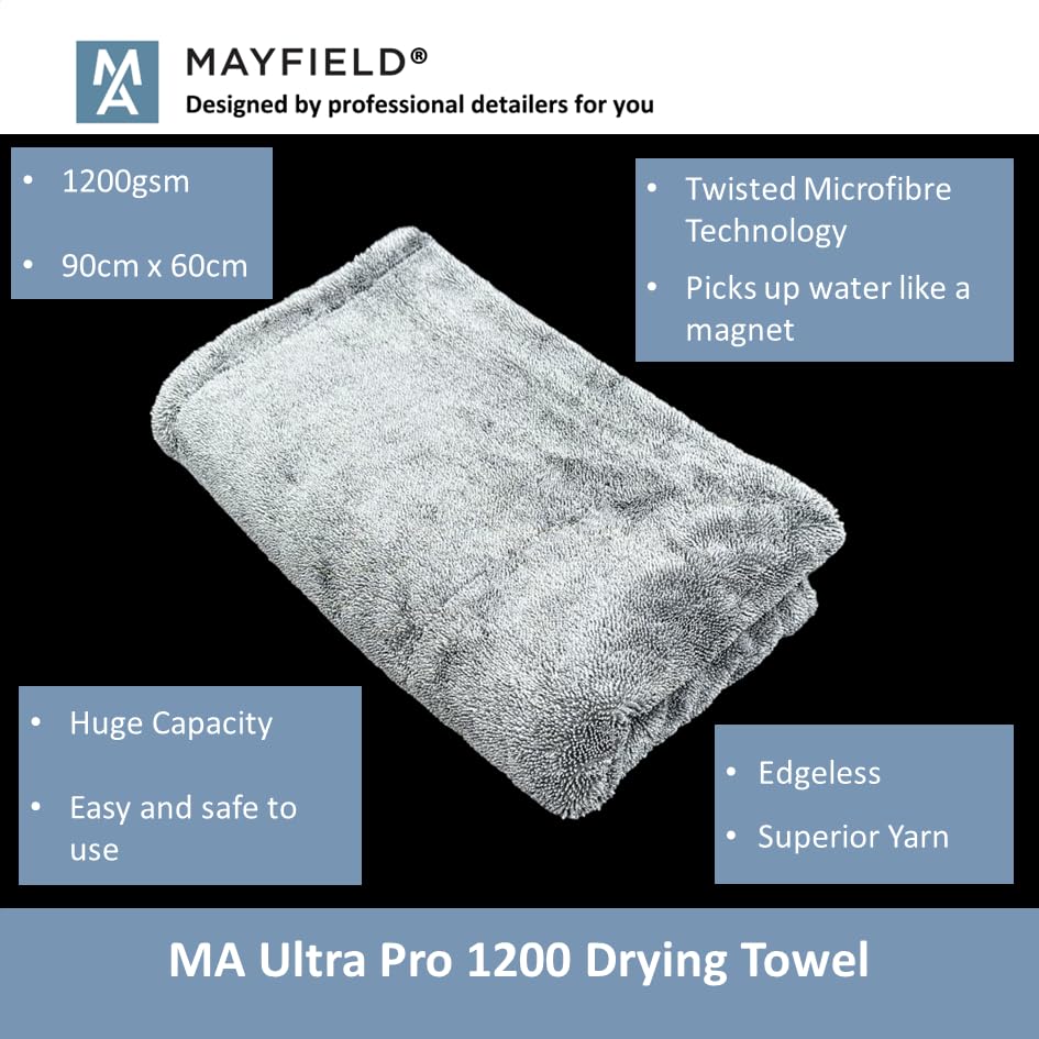 Mayfield Car Edgeless Drying Towel - 1200gsm, 90cm x 70cm, Twisted Loop Microfibre, Grey, 1200gsm Edgeless Drying Towel - Image 2