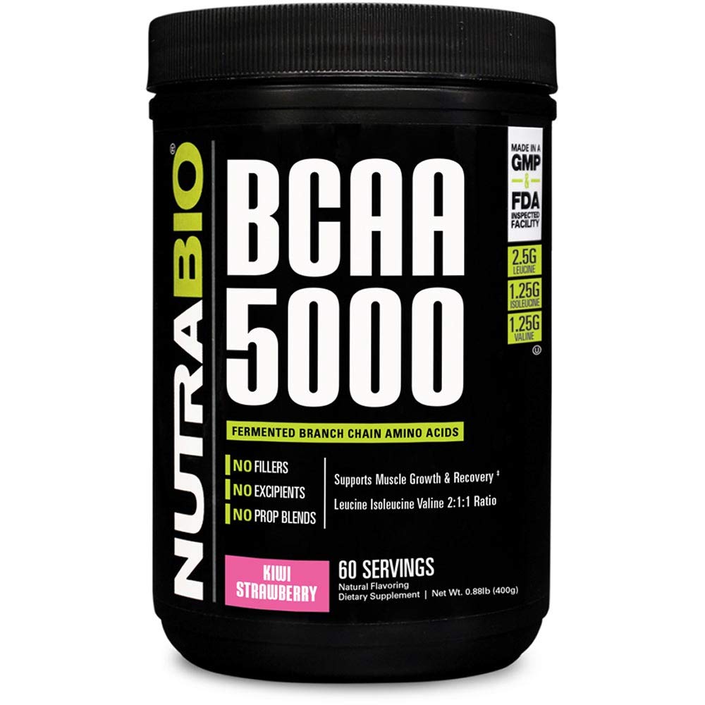 NutraBio BCAA 5000 Powder - Vegan Fermented BCAAs - Supports Lean Muscle Growth, Recovery, Endurance - Zero , Sugar, and Carbs - 60 Servings - Kiwi Strawberry