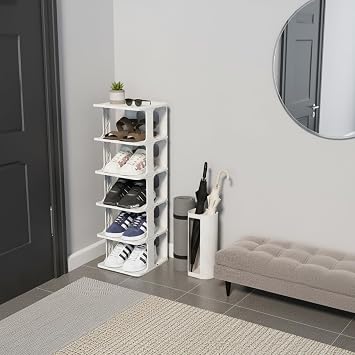 Deconox 6 Katlı Lüks Modüler Ayakkabılık - 25x28x77 cm Dar Alan İçin Dikey Raf - Üst Üste ve Yan Yana Eklenebilir Portmanto Düzenleyici (Siyah - Beyaz) (BEYAZ)