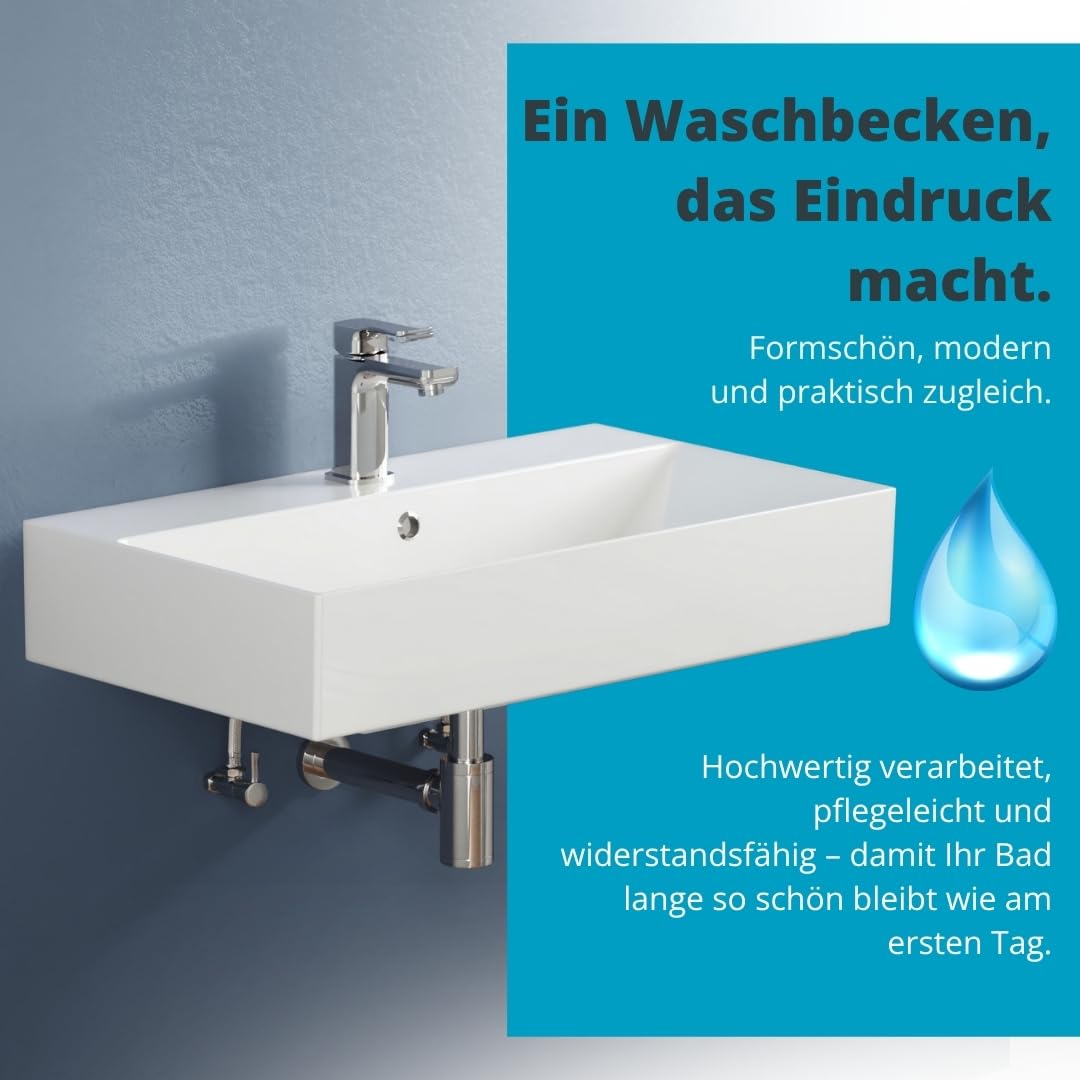 Aqua Bagno umywalka 70 cm prostokątna, ceramiczna biały połysk do montażu ściennego, z otworem na baterię i przelewem, nowoczesny design do łazienki, łatwa w czyszczeniu
