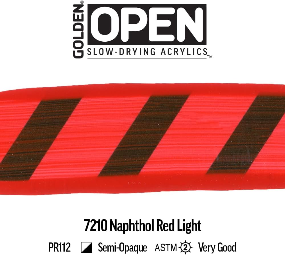 GOLDEN OPEN Slow-Drying Acrylics, Naphthol Red Light, 2 fl oz. tube, Professional Acrylic Paint, Semi-Opaque