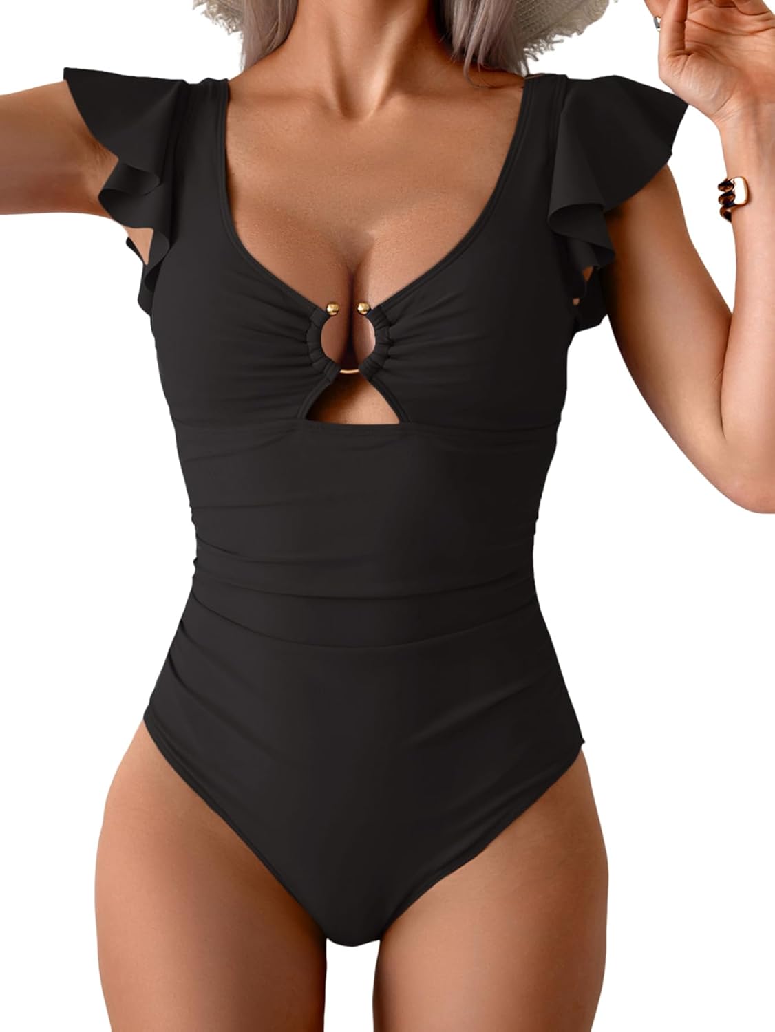 Eomenie Womens Ruffled One Piece Swimsuit Slimming Tummy Control Bathing Suit V-Neck Cutout Swimwear for Resort Wear